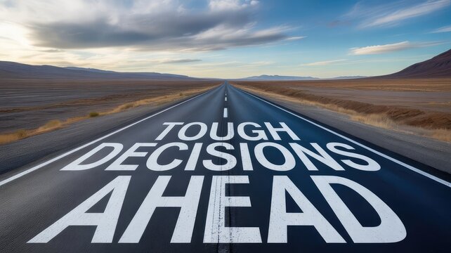 Long desert highway stretching toward the horizon clearly displays large white painted words warning drivers about tough decisions ahead on the road.