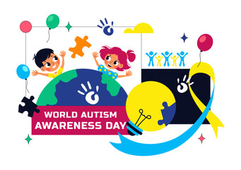 Naklejka premium World Autism Awareness Day Vector Illustration Featuring Puzzle Ribbon on Healthcare Flat Background Design