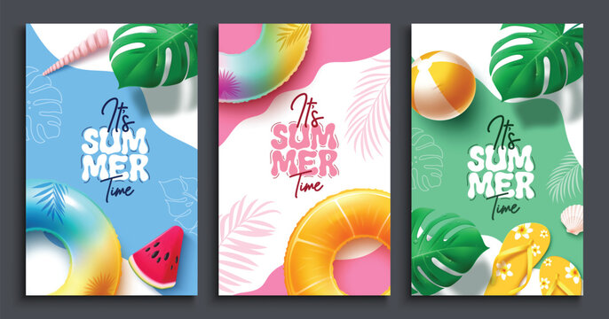Summer Time text clipart poster set. It's Summer Time greeting card clip art with realistic summer elements in colorful abstract background for tropical season banner design collection vector