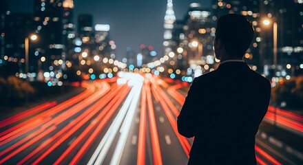 Silhouetted Man in Suit Overlooking Busy Night City Street