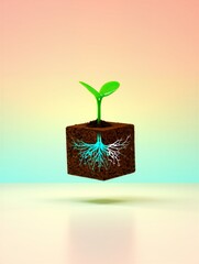 Green sprout growing from soil cube with glowing roots