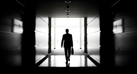 Fototapeta premium Silhouette Businessman Walking in Bright Corridor