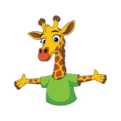 Obraz premium Cartoon giraffe wearing green tshirt with arms outstretched yellow