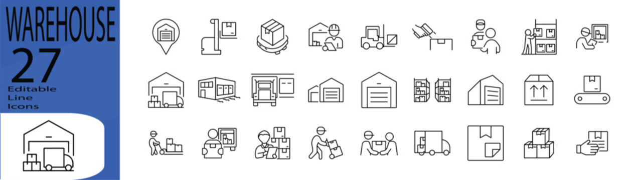 Warehouse line editable icon set. Editable stroke. Vector illustration.