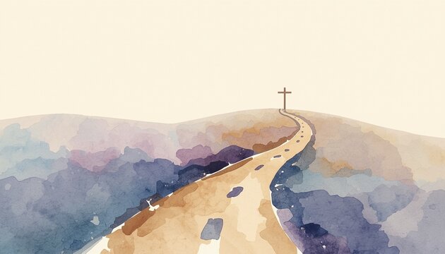 A watercolor illustration depicts a path leading toward a cross atop a hill, with soft hues and a serene atmosphere. This art evokes feelings of journey, hope, and faith. 