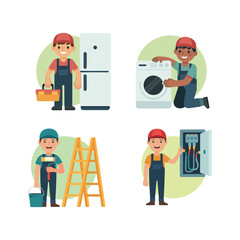 Cartoon workers performing household repairs and maintenance appliances vector illustration isolated on white background