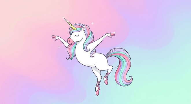 Whimsical unicorn in ballet pose, with pastel colors, a magical and dreamy illustration
