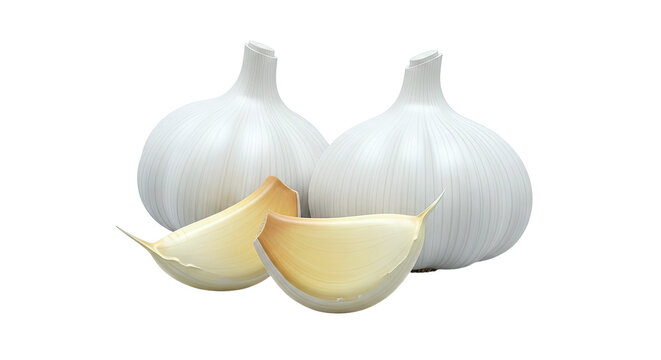 Two whole garlic bulbs and two cloves on a white background
