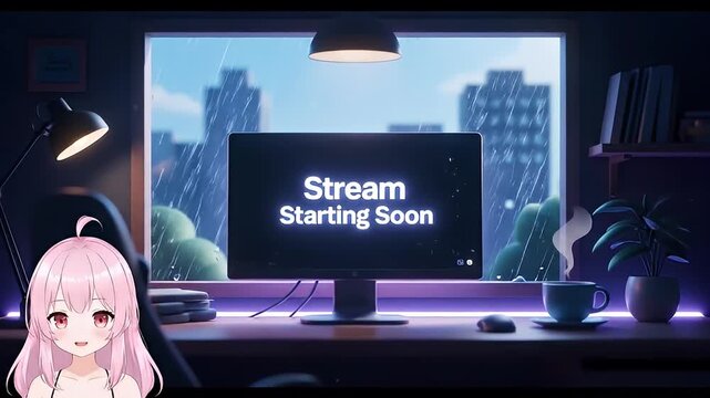 Anime Girl Stream Starting Soon Screen with City View and Cozy Desk Setup.