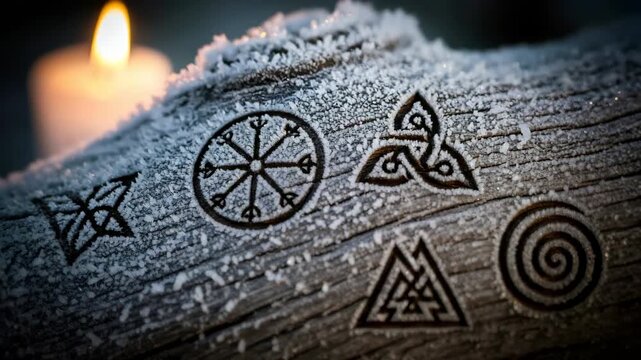 Frost covered wood log with pagan symbols like vegvisir, triquetra, and valknut alongside a burning candle for winter solstice.