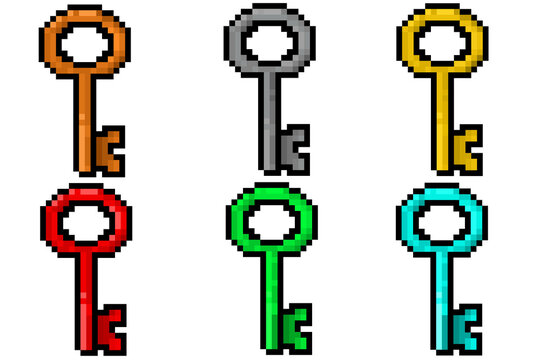 Illustration of six pixel art keys in different colors, perfect for use in games where keys are collected.