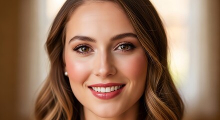 Naklejka premium Radiant woman smiling warmly indoors