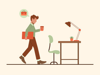 Fototapeta premium A male worker with a cup of coffee and carrying a laptop walks towards the office desk and chair. Solopreneur illustration. Flat vector concept.
