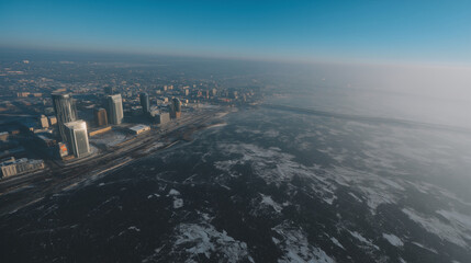 Aerial drone view of modern city skyline next to frozen river during winter. Urban development, climate conditions, cold season cityscape and infrastructure concept