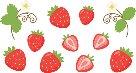Strawberry Collection Illustration Set with Whole and Sliced Berries