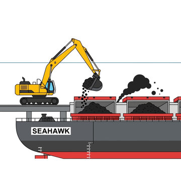 Excavator loading coal onto a large cargo ship named Seahawk.