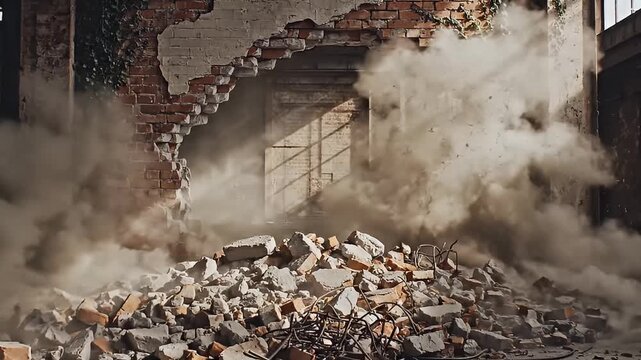 Demolition of an old brick wall in an abandoned building dust and debris flying.