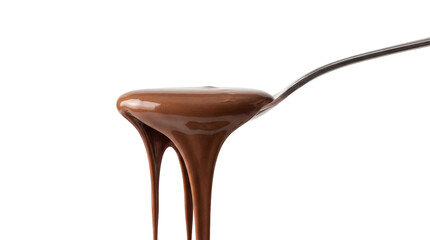 Fototapeta premium Melted milk chocolate dripping from a spoon on transparent background