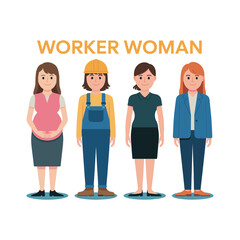 Obraz premium Four worker women in different occupations and outfits pregnant woman construction worker businesswoman