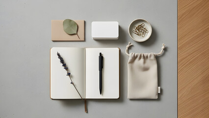 Minimal Flat Lay Of Notebook, Quill Pen, Drawstring Bag And Stationery Accessories. A calm, clean flat lay featuring an open notebook with feather quill, white block, small box and seeds in a bowl