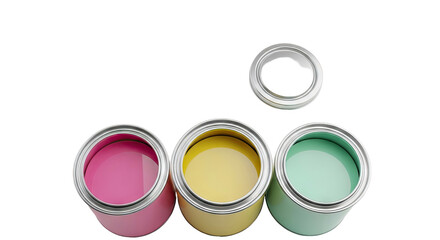Three open paint cans with pink, yellow, and mint green paint
