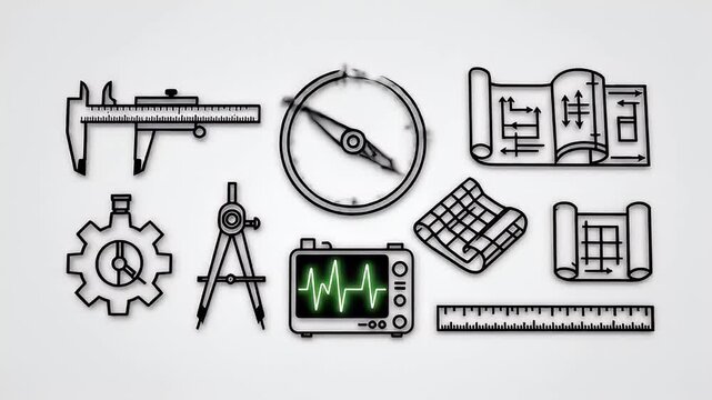 Engineering and Measurement Tools Doodle Animation Calipers Gear Compass and Blueprints.