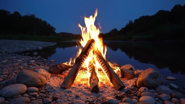 A warm, cozy orange glow emanates from the campfire burning brightly on a dark riverbank at night.