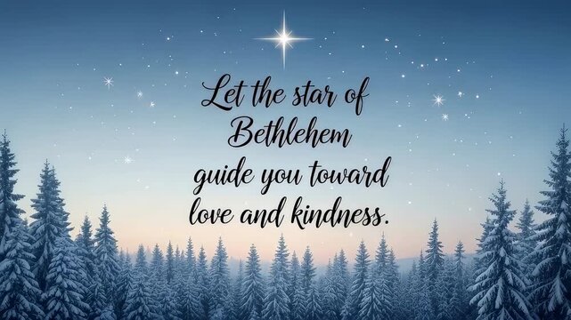 Star of Bethlehem guiding toward love and kindness message glowing over snowy forest at sunset for Epiphany.