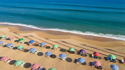 Beach Scene with Sun beds and Umbrellas. A sunny beach with colorful umbrellas and sunbeds, ideal for travel, leisure, and tourism promotions.