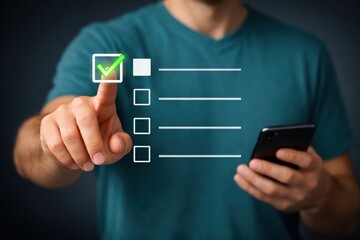 Online Task Completion: A person is shown completing an online task, selecting an option with a glowing green checkmark on a screen, with a phone in the other hand.