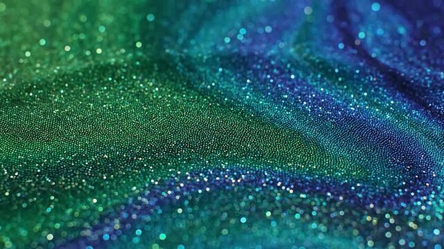 A shimmering, textured surface with a gradient of green, blue, and purple glitter