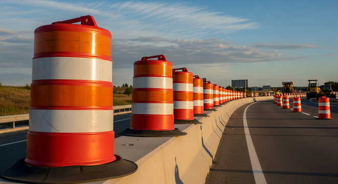 Traffic cones on a highway under construction with orange barrels lining the road on a clear day