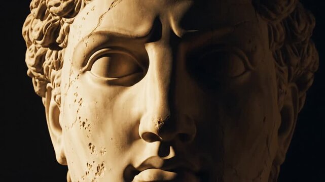 Close-up of a classical stone sculpture of a man's face with a neutral expression against a dark background.