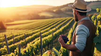 Fototapeta premium Vineyard Owner Holding a Cluster of Red Grapes at Sunset. Agriculture and winemaking concept for organic viticulture, agritourism, winery tours, and sustainable farming practices.