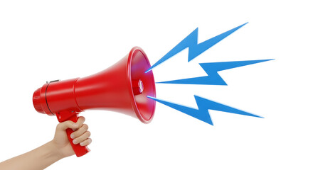 Hand holding red megaphone with loud blue sound waves emanating&nbsp;transparent background png