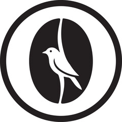 Fototapeta premium Minimalist black and white logo of a stylized bird perched within an oval shape, abstractly resembling the letter O or a coffee bean, enclosed in a bold circular frame; a modern iconic design