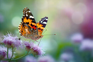 Naklejka premium Orange and black butterfly on purple flower with soft bokeh background white