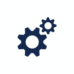 Two dark blue interlocking gears vector icon isolated on white, symbol of teamwork, mechanical process, settings, and industrial cooperation