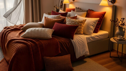 Cozy Bedroom With Plentiful Pillows And Warm Lighting. Inviting hotel-style bedroom scene featuring a plush bed layered with rust, cream, and neutral pillows, soft ambient lighting, and a cozy throw