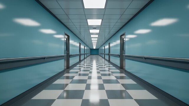 Long Empty Hospital Corridor with Checkered Floor.