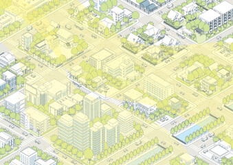 Fototapeta premium 黄砂に覆われた霞んだ街並み. アイソメ図で描いた都市.