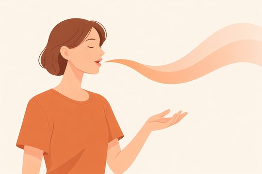 Minimal illustration of a person speaking with flowing shapes symbolizing words, voice, and expression. Ideal for language learning, conversation, and communication concepts.