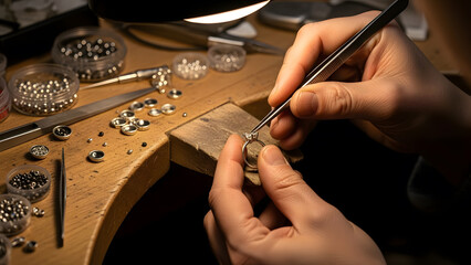 Jeweler Crafting with Precision Tools. Close-up of a jeweler working on intricate jewelry pieces, suitable for luxury, craftsmanship, and artisan content.