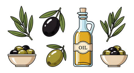 Olive oil bottle with olives and leaves illustration&nbsp;transparent background png