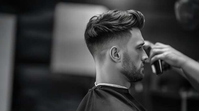 Side profile of young man getting a modern fade haircut in barbershop, professional male grooming in black and white
