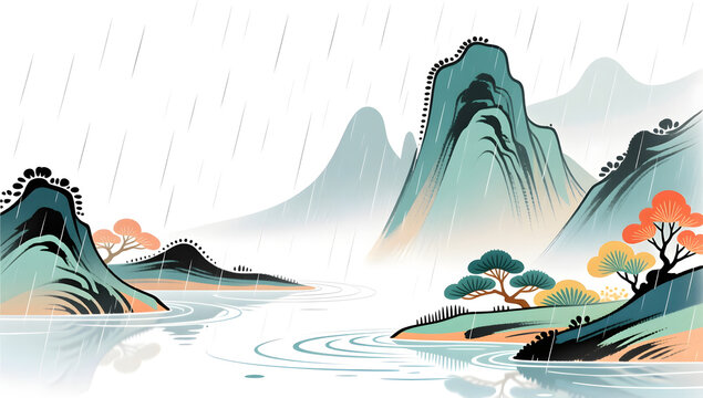 Traditional ink landscape painting for Rain Water solar term