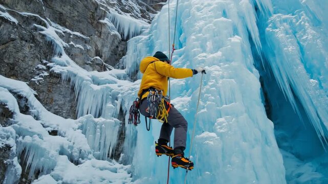 Ice Climber Scaling Frozen
