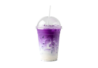 Vibrant Purple Iced Latte with Milk in Plastic Cup , Isolated on Transparent Background 