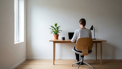 young woman sitting on a chair in front of a wall back view 
