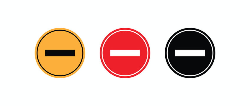 Circular no entry or restricted access signs with a minus symbol in red, yellow, and black, flat vector set